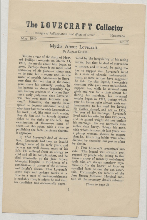 THE LOVECRAFT COLLECTOR. May, 1949. No. 2. The first appearance of Derleth's essay, 