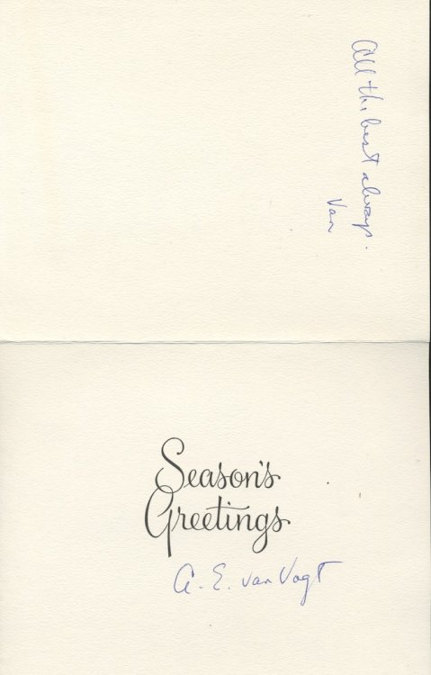 CHRISTMAS CARD, and envelope, postmarked, 12 Dec., 1976. Signed by Van Vogt to Roy A. Squires.