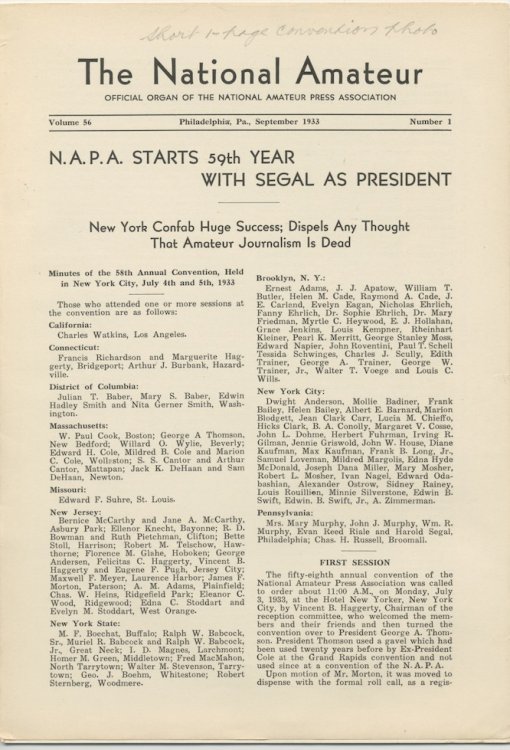 THE NATIONAL AMATEUR. September, 1933. Vol. 36, No. 1. With pencilled notation in Lovecraft's hand.