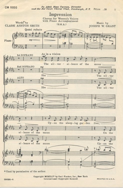 IMPRESSION. Carl Fischer music, 1944. A poem by CAS set to music by Joseph W. Grant. Scarce.