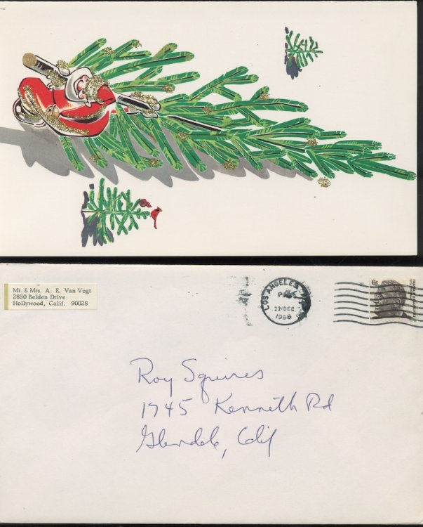 CHRISTMAS CARD, and envelope, postmarked, 22 Dec., 1968. Signed by Van Vogt to Roy A. Squires.