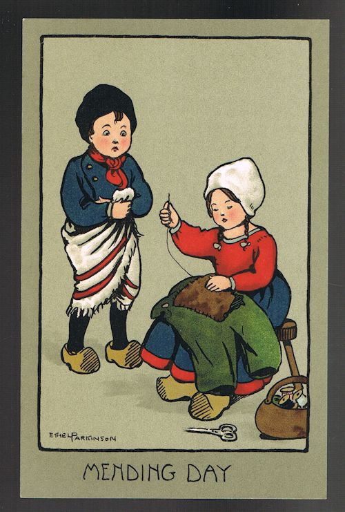 Mending Day Dutch Children Postcard