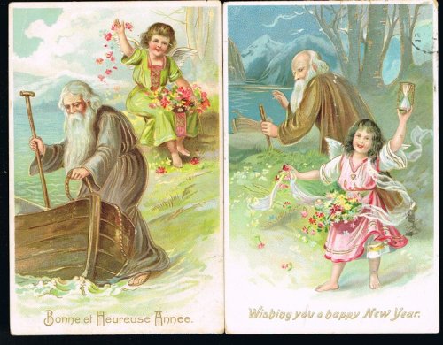 Father Time & Angel New Year Embossed Postcards x 2