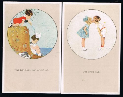 First Kiss/Love's Tease Children German Postcards x 2