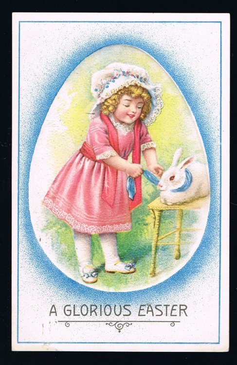 Girl Tying Ribbon on Rabbit Embossed Easter Postcard