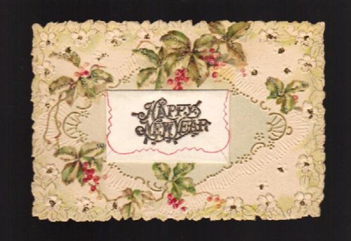 Victorian New Year Greetings Card - Embossed Holly with Opening Envelope and Removable Miniature Letter