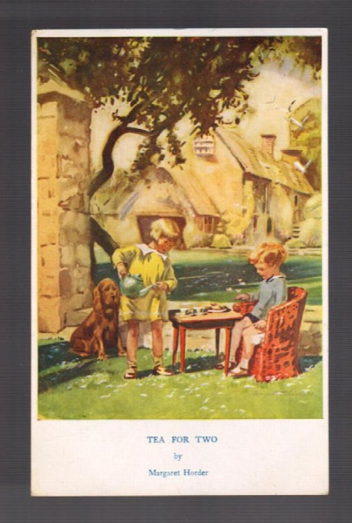 Tea for Two Postcard - Children & Red Setter Dog