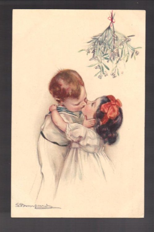 Children Kissing Under Mistletoe Postcard