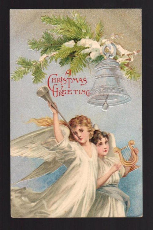 Christmas Greetings Postcard - Embossed Angels 1905