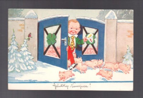 Christmas New Year Greetings Postcard - Irish Leprechaun & Lucky Piglets