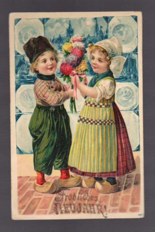 Christmas New Year Greetings Postcard - Embossed Dutch Children