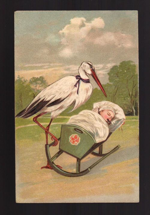 Stork Rocking Baby in Crib Edwardian Embossed Postcard