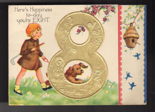 Golfing Girl & Dog 8th Birthday Vintage Greetings Card