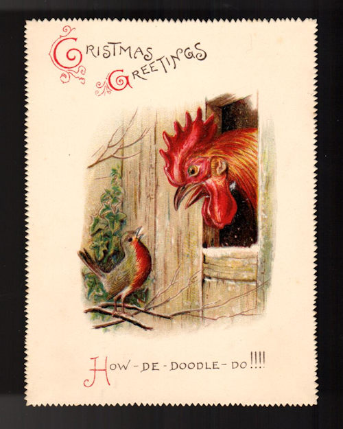 How-de-Doodle-Do Robin & Cockerel Antique Christmas Card