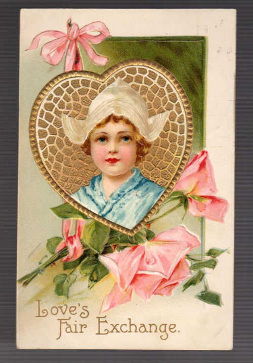 Love's Fair Exchange Dutch Girl Embossed Valentine Postcard