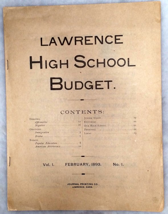 L. H. S. [Lawrence High School] Budget, Vol. 1, No. 1, February 22, 1893