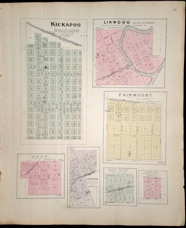 [Map] Kickapoo, Linwood, Fairmount, Reno, Lenape, Fall Leaf, and Jarbalo (of Leavenworth County, Kansas) [backed with] Lansing and Progress, Easton, & Tonganoxie (of Leavenworth Co.), Severance (of Doniphan Co.), and Lecompton (of Douglas Co.)