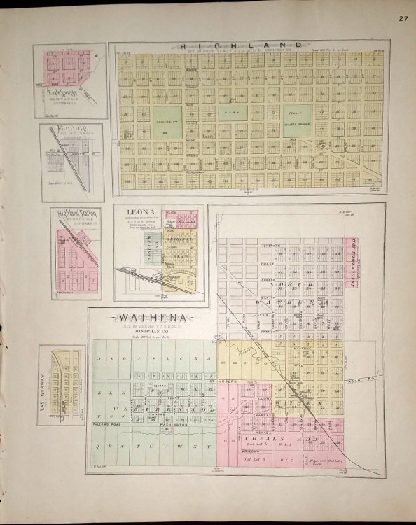 [Map] Highland, Leona, Wathena, Eagle Springs, Hanning, Highland Station, & East Norway (of Doniphan County, Kansas) [backed with] Troy & Doniphan (of Doniphan Co.), Farmington, Parnell Sta., Huron, Cummings, Shannon, Larkin, & Monrovia (of Atchison Co.)
