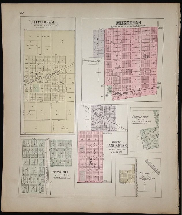 [Map] Atchison County, Kansas [backed with] Effingham, Muscotah, & Lancaster (of Atchison Co.), Prescott, Trading Post, & Barnard (of Linn Co.)