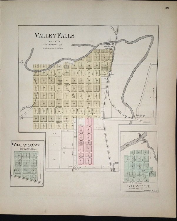 [Map] Valley Falls, & Williamstown (of Jefferson County, Kansas), & Lowell (of Cherokee Co.) [backed with] Oskaloosa (of Jefferson Co.), Lea Walk, Bonanza, Sherman City, & Neutral (of Cherokee Co.)