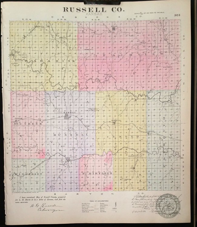 [Map] Russell County, Kansas [backed with] Bunker Hill, Leeson, & Russell (of Russell Co.), and Reeder (of Kiowa Co.)