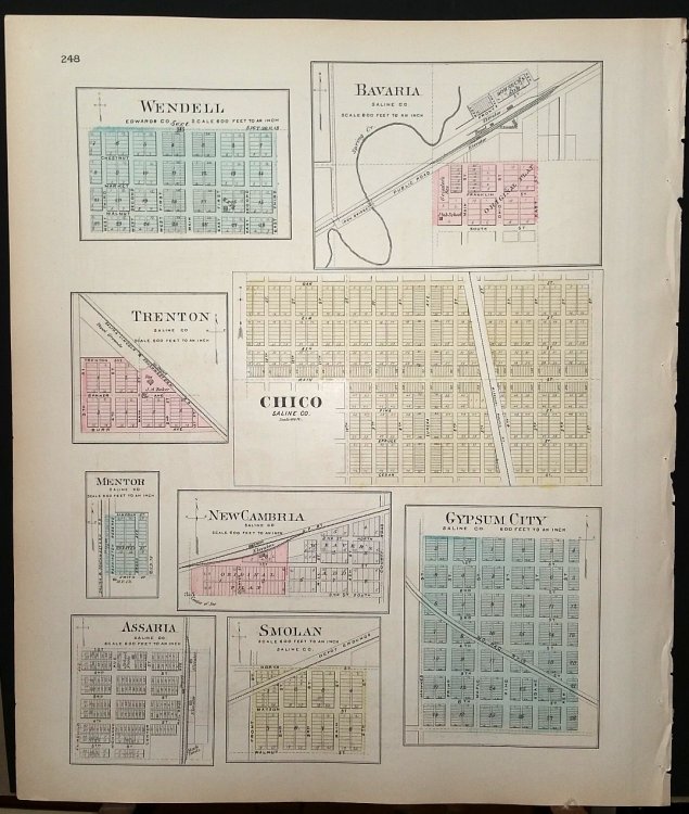 [Map] Kinsley (of Edwards County, Kansas) [backed with] Wendell (of Edwards Co.), Bavari, Trenton, Chico, Mentor, New Cambria, Gypsum City, Assaria, & Smolan (of Saline Co.)