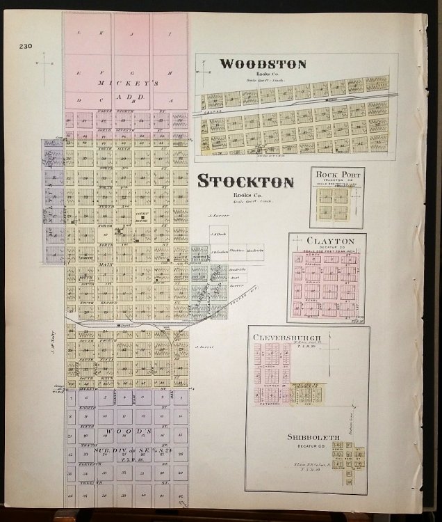[Map] Rooks County, Kansas [backed with] Woodston, Stockton (of Rooks Co.), Rock Port, Clayton, Cleversburgh, & Shibboleth (of Decatur Co.)