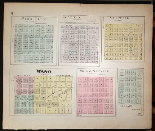 [Map] Bird City, Wano (of Cheyenne County, Kansas), Eustis, Voltair, Sherman Center, & Leonard (of Sherman Co.) [backed with] Almelo, Norton, Densmore, Almena, & Lenora (of Norton Co.)