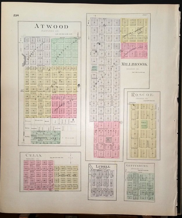 [Map] Rawlins County, Kansas [backed with] Atwood, Celia, Ludell (Rawlins Co.), Millbrook, Roscoe, & Gettysburg (Graham Co.)