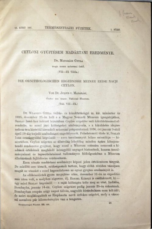 Ceyloni Gyujtesem Madartani Eredmenye / Die Ornithologischen Ergebnisse Meiner Reise Nach Ceylon [with] Ujabb Adatok Uj-Guinea Herpetologiajohoz