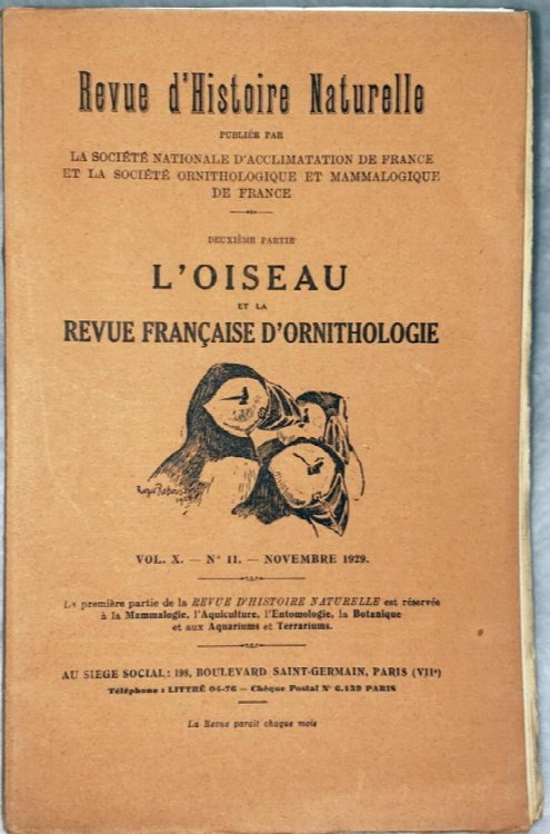 Revue d'Histoire Naturelle deuxieme Partie L'Oiseau et La Revue Francaise D'Ornithologie, Vol. X, No 11, Novembre 1929