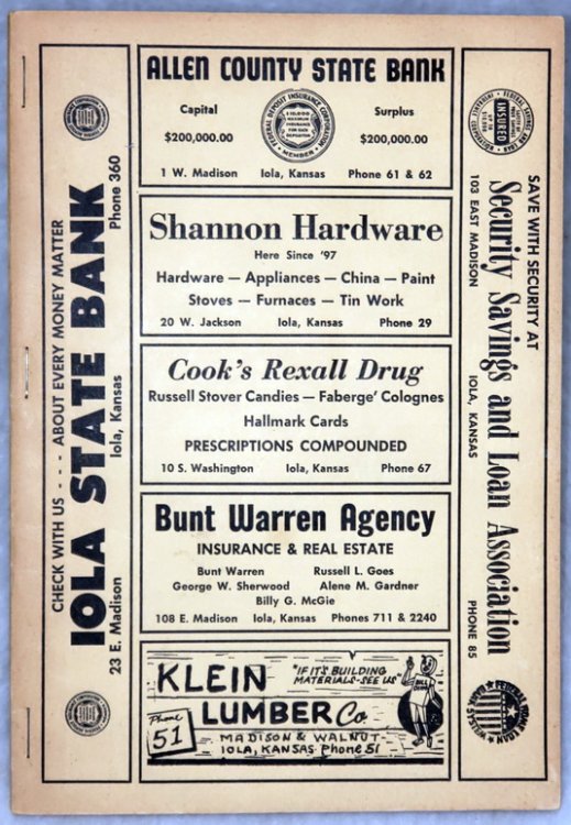 City Directory of Iola, Kansas with Elsmore, Gas, Humbolt, LaHarpe, Moran and Allen County, 1960