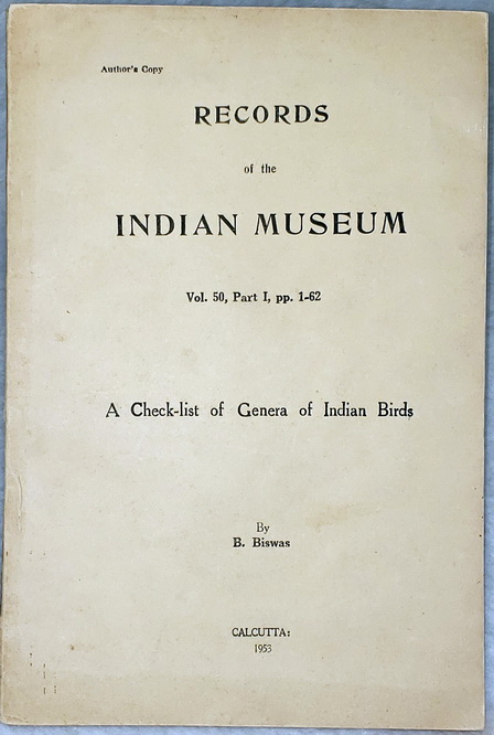 A Checklist of Genera of Indian Birds (Records of the Indian Museum, Vol. 50, Part I, Pp. 1-62)