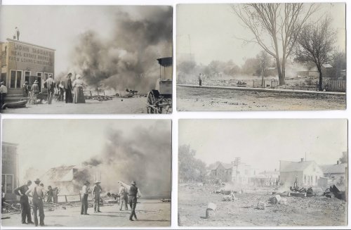 Seven RPPCs circa 1912 showing the fire disaster and damage to the downtown district of White City, Kansas.