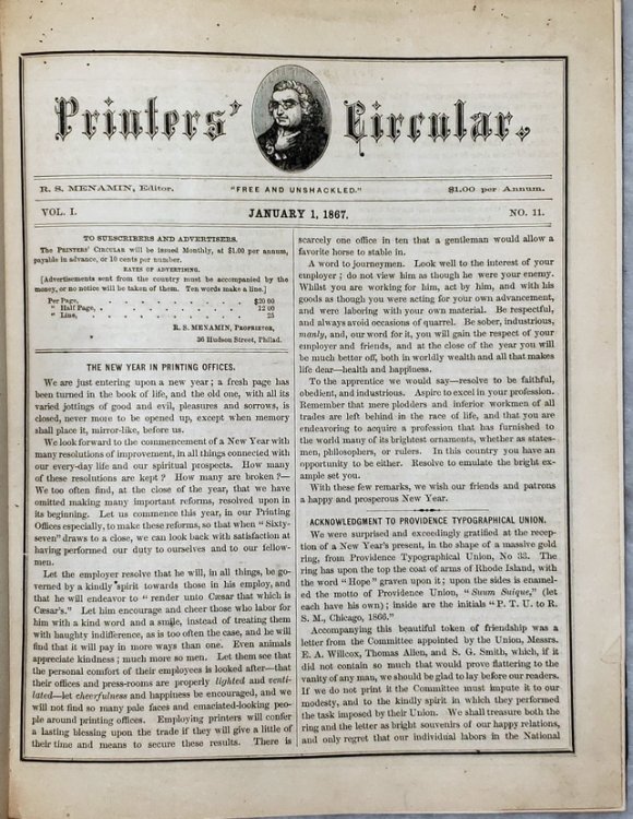 Printers' Circular, (Nineteen Issues Including Volume I, No. 11 (January 1, 1867); and No. 12; Vol. II, No.s 1, 2, 4, 5, 6, 10; Vol. III, No.s 2-12 (February, 1869))