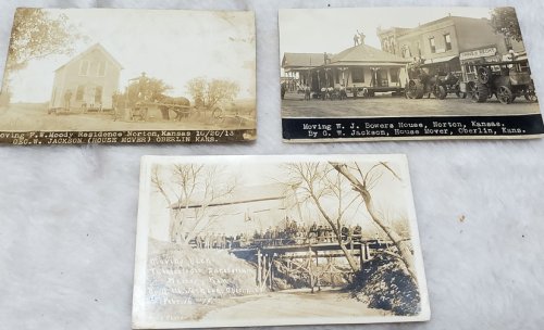 Three Real Photo Post Cards (rppc) of the G. W. Jackson House Mover, Oberlin, Kansas, Moving structures in Horton, Kansas