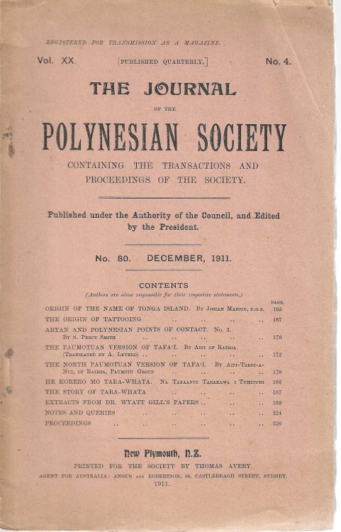 The Journal of the Polynesian Society. Vol. XX, 4. No. 80, December 1911.