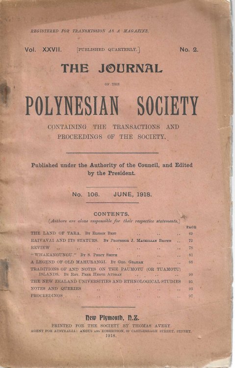 The Journal of the Polynesian Society. Vol. XXVII, 2. No. 106, December 1918.