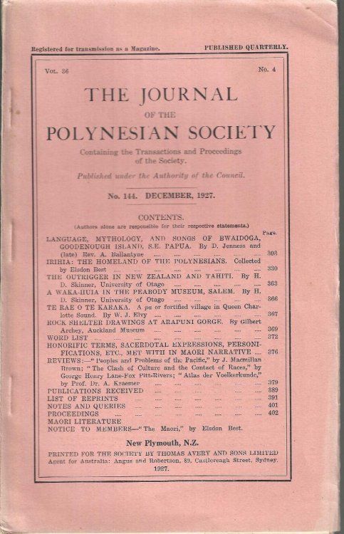 The Journal of the Polynesian Society. Vol. 36, 4. No. 144, December 1927.