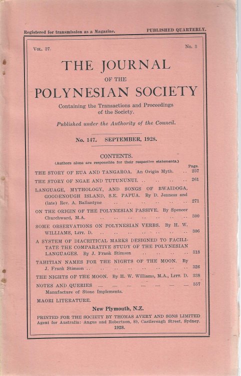 The Journal of the Polynesian Society. Vol. 37, No. 3. No. 147. September 1928.