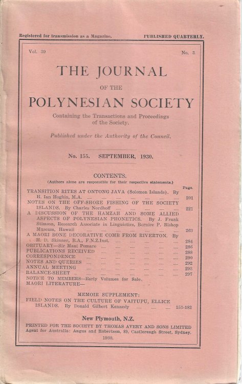 The Journal of the Polynesian Society. Vol. 39. No. 3. September 1930. No. 155.