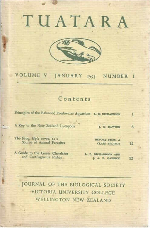 Tuatara. Journal of the Biological Society Victoria University College Wellington New Zealand. Vol. V, January 1953, Number 1.
