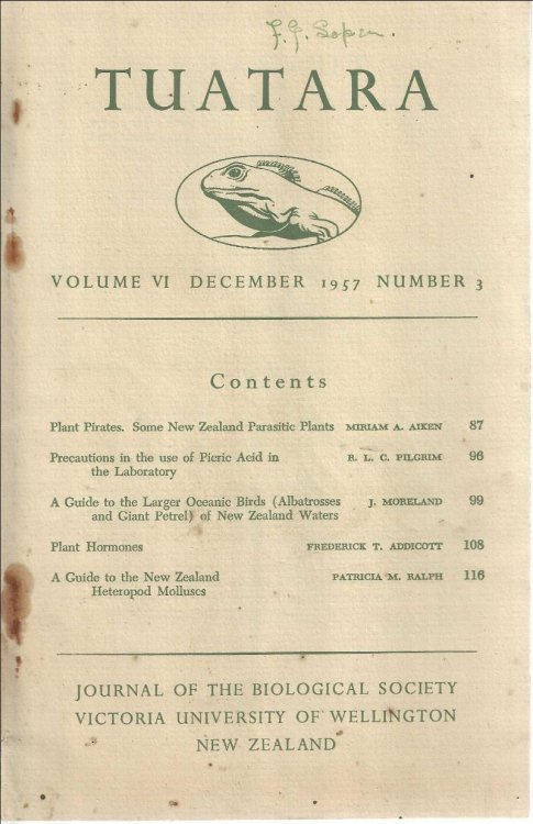 Tuatara. Journal of the Biological Society Victoria University of Wellington New Zealand. Volume VI, December 1957, Number 3