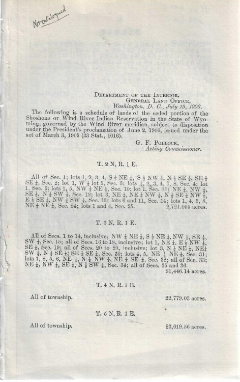 Schedule of Lands of the Ceded Portion of the Shoshone Or Wind River Indian Reservation in the State of Wyoming, governed by the Wind River Meridian, Subject to Disposition Under the President's Proclamation of June 2, 1906, Issued Under the Act of March 3, 1905 (33 Stat., 1016)