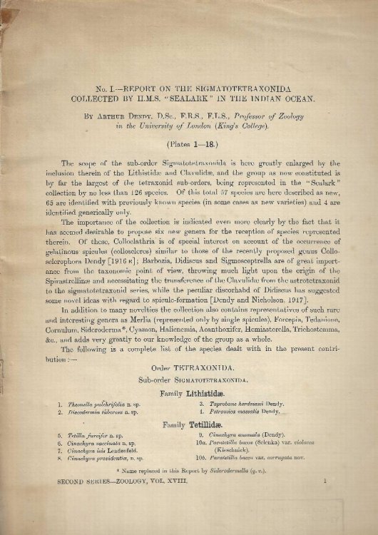 No.1 Report on the Sigmatotetraxonida collected by HMS 