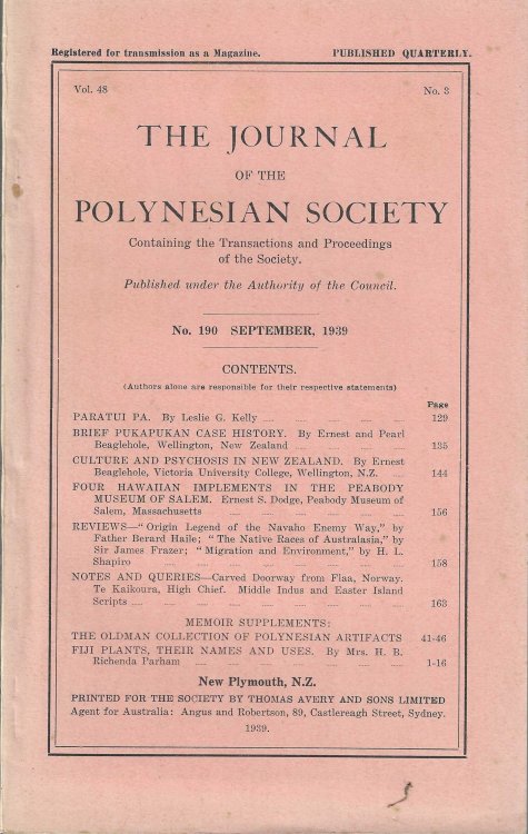 The Journal of the Polynesian Society. No. 190. Vol. 48. No. 3. September 1939.
