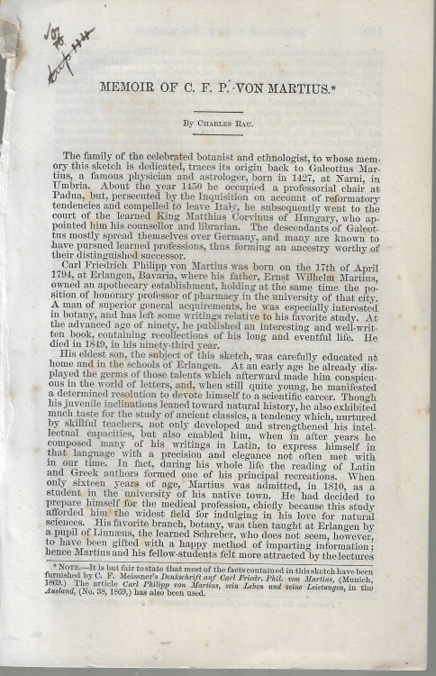 Memoir of C. F. P. Von Martius [Carl Friedrich Philipp]