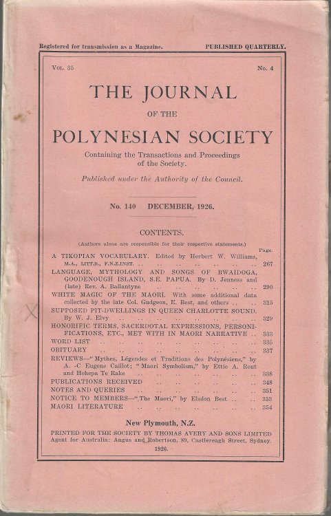 The Journal of the Polynesian Society. Vol. 35. No. 140. December 1926.