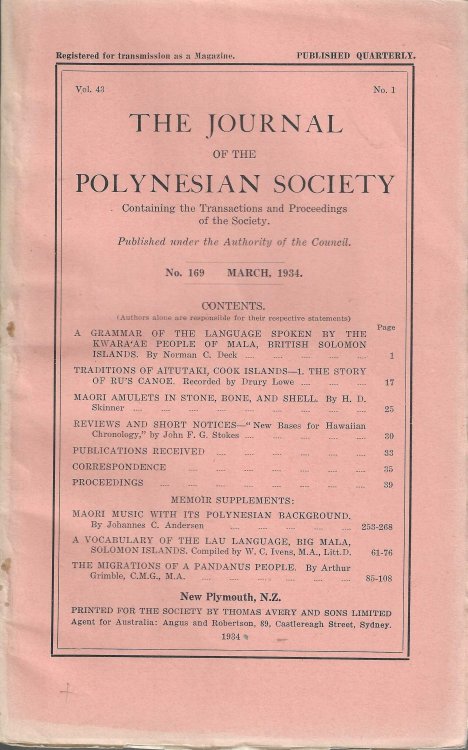 The Journal of the Polynesian Society. Vol. 43. No. 169. March 1934.