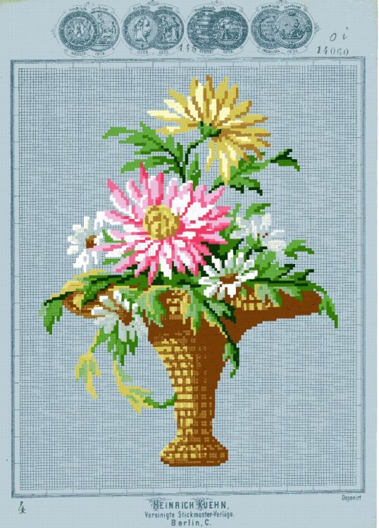 Berlin Wool Work: Yellow, Pink, White Flowers in a Basket